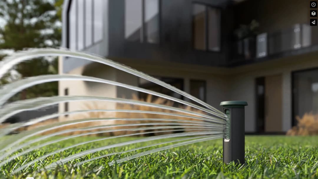 Lawn sprinkler watering grass in front of a modern house with large windows.