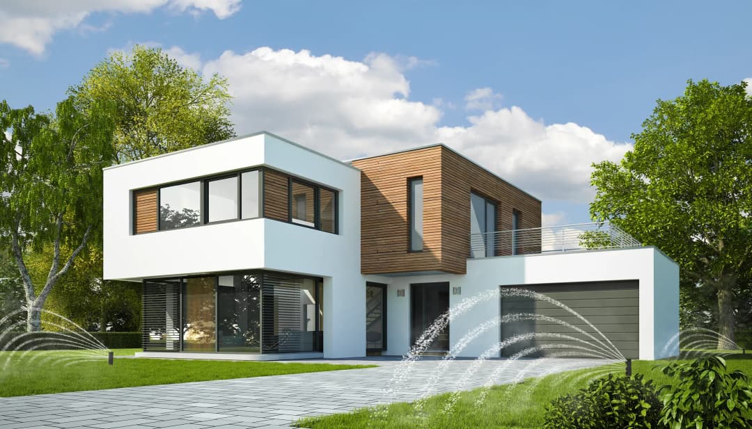Modern white and wood home with landscaped yard and smart irrigation system.